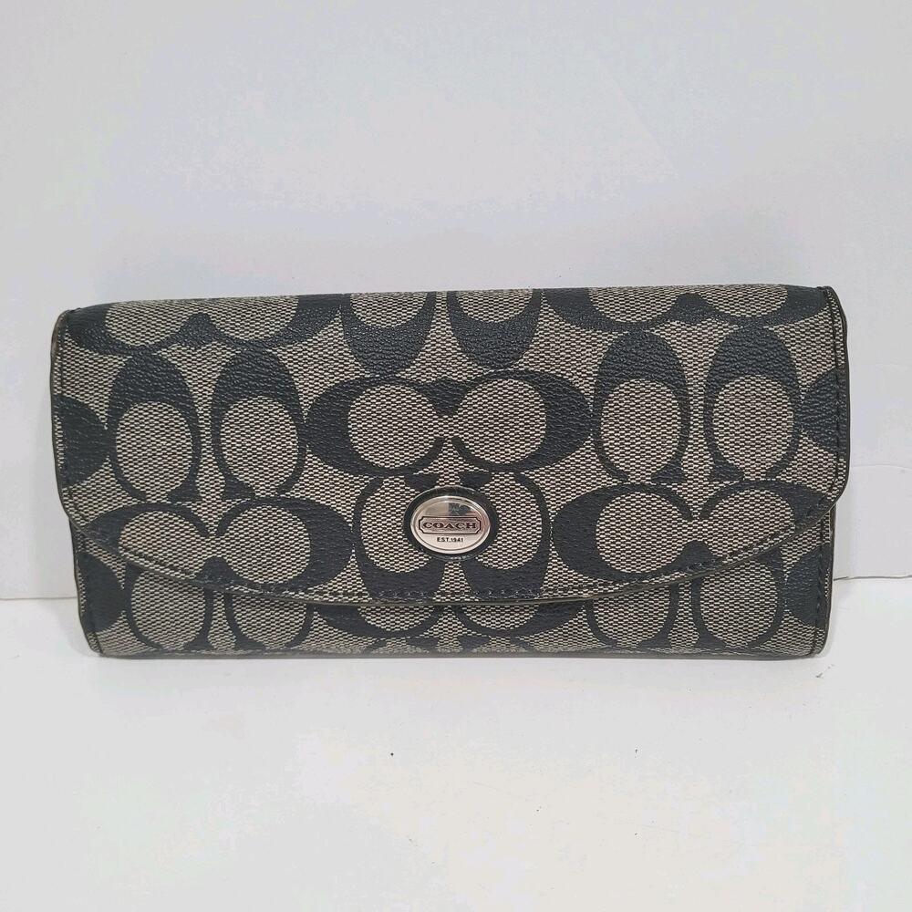 Coach Black Gray Wallet Envelope Card‎ Bill Logo Crossgrain Large Leather Fair